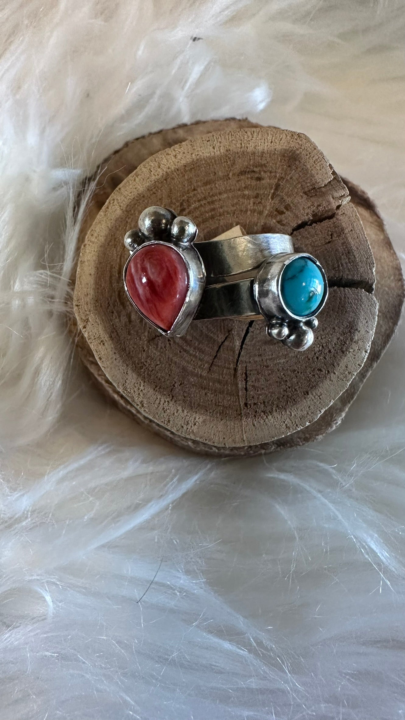 Coral and Turquoise Adjustable Sterling Silver Ring