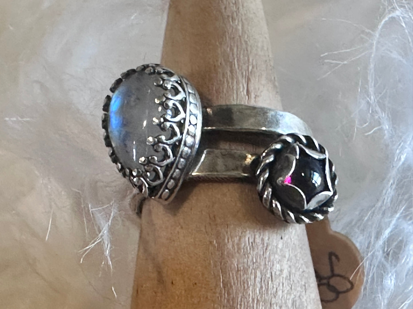 Tear drop Moonstone and Garnet Sterling Silver Ring