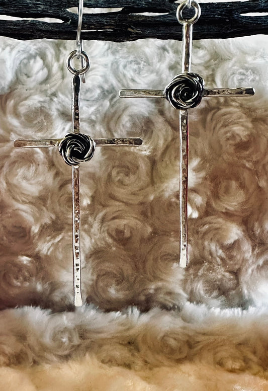 Sterling Silver Rose Cross Earrings