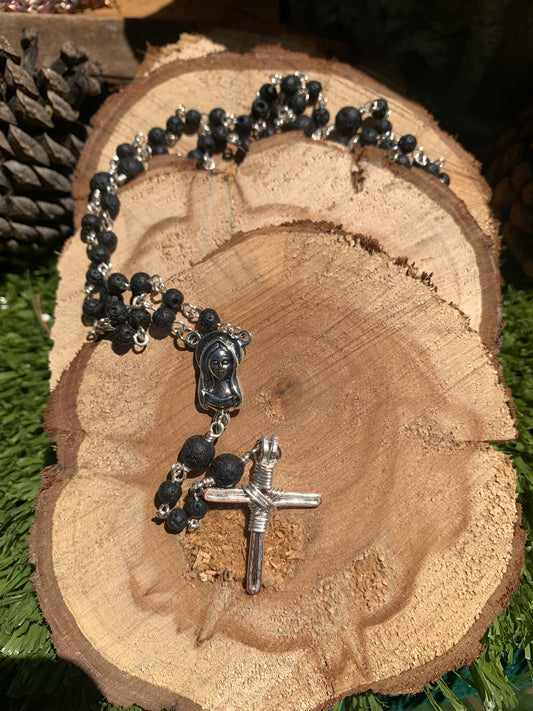 Lava rock rosary with handmade cross