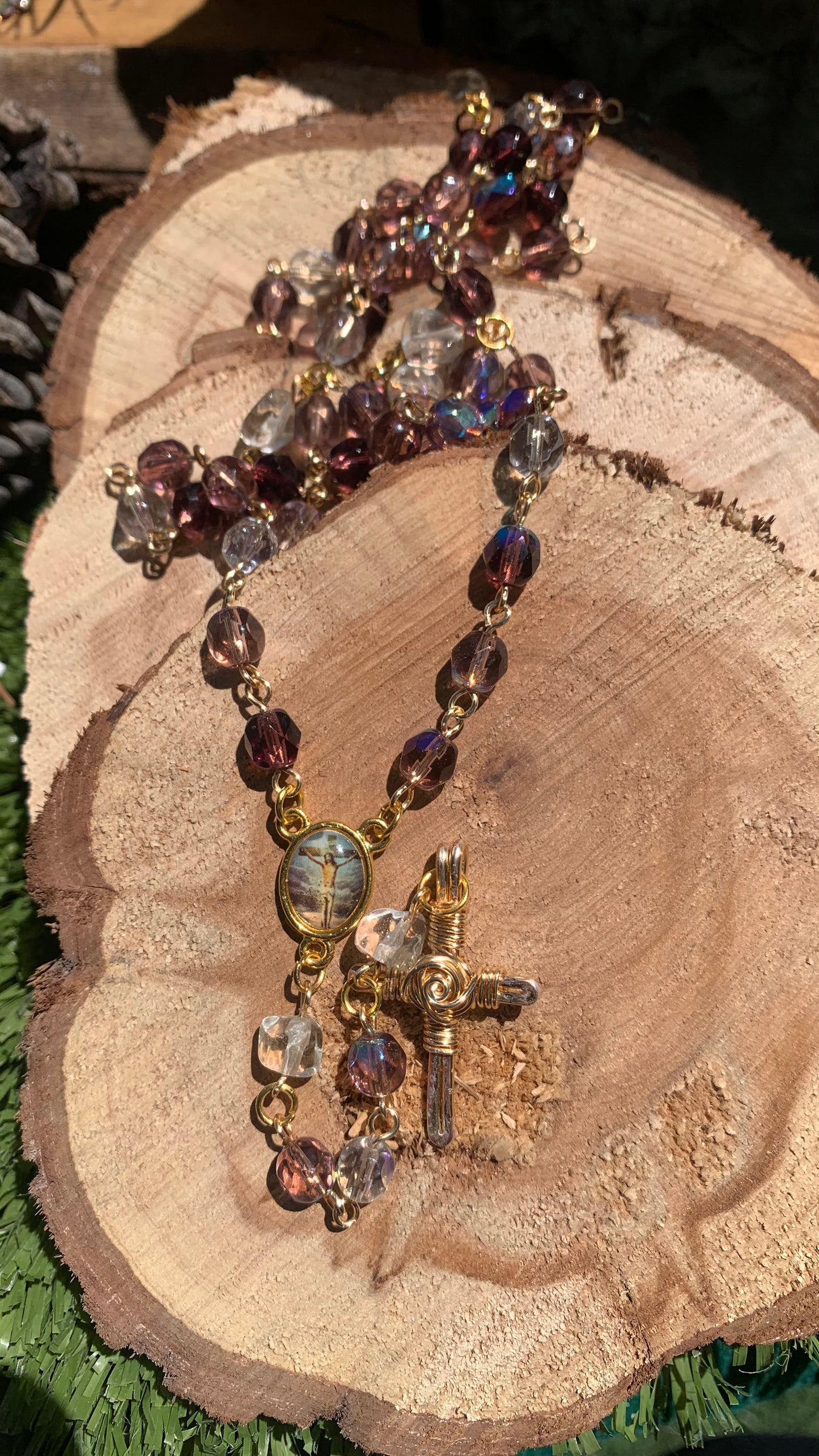 Lenten crystal rosary with handmade rose cross