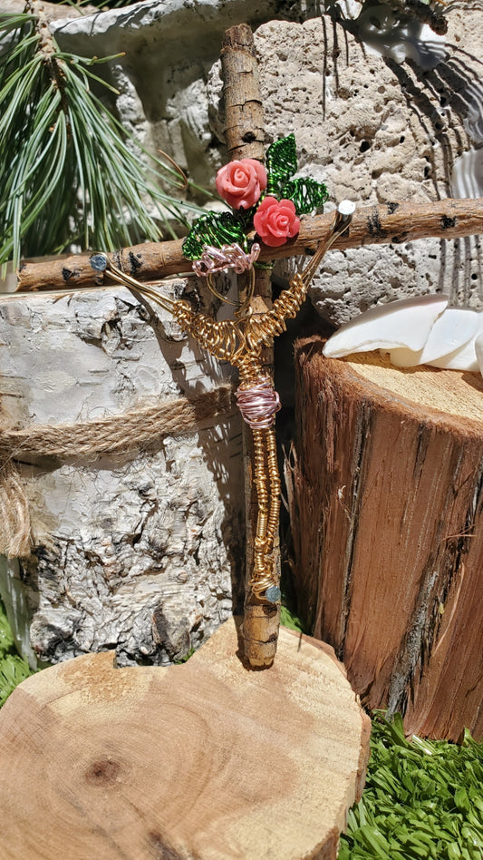 Pink wire wrapped Crucifix with roses