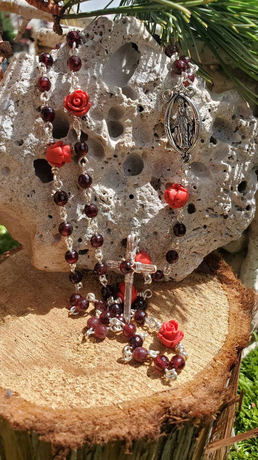 Red garnet and cinnabar rose rosary with handmade cross