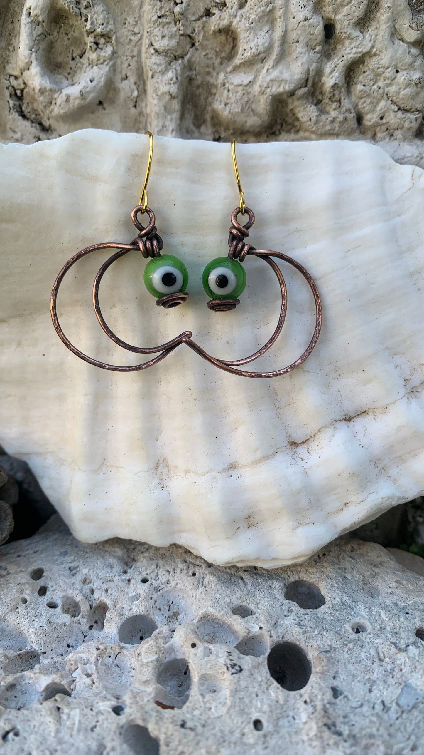Green Evil Eye Crescent Moon Earrings