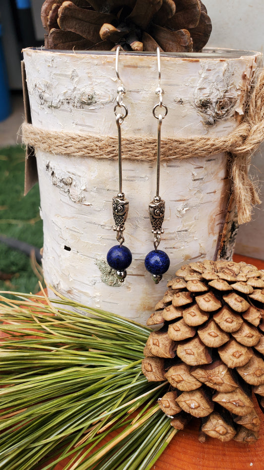 Lapis Stone with Owl Charm Earrings