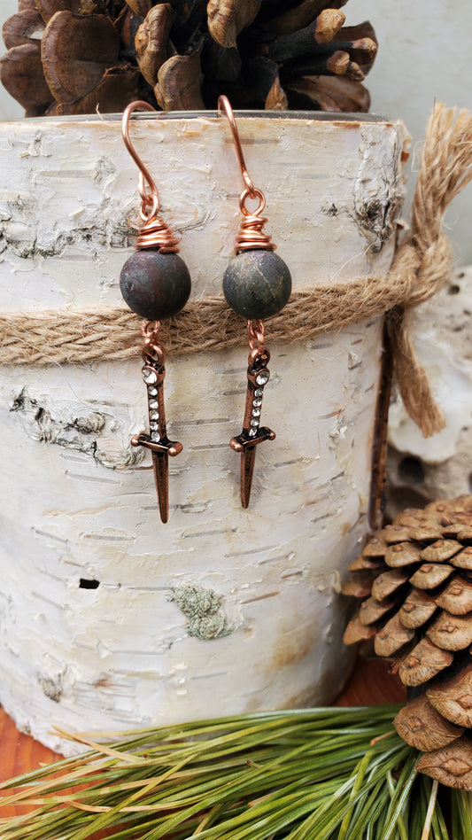 Matte Natural Stone with Bling Sword Charm Earrings