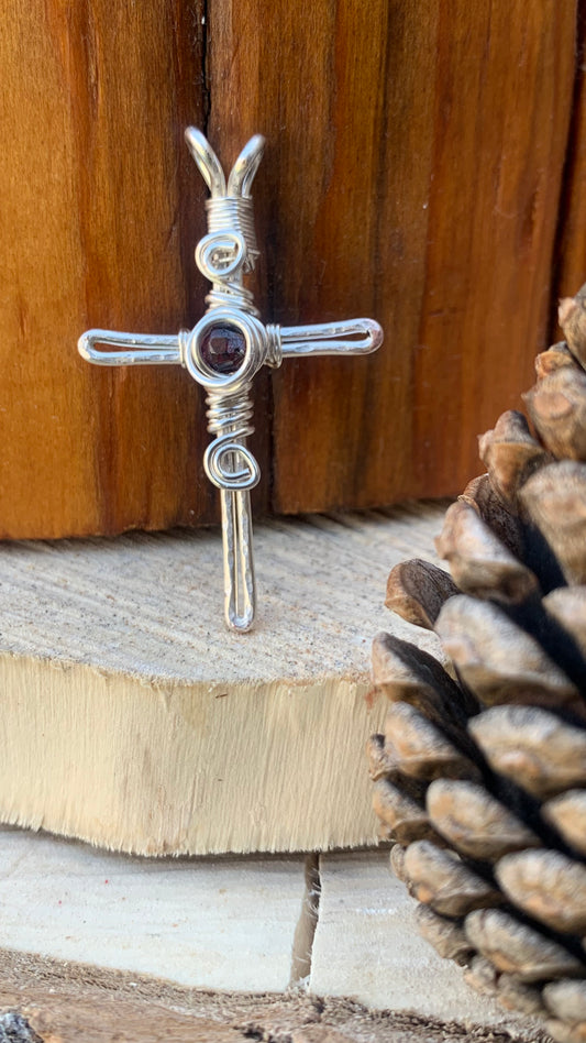 Red garnet silver cross pendant