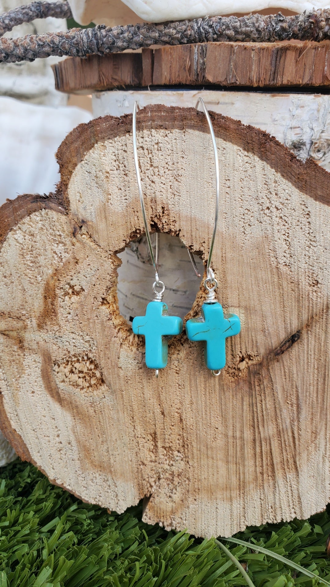 Silver Plated ear wire with blue howlite Crosses