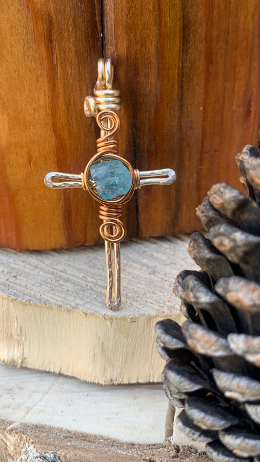 Raw blue topaz gold cross pendant